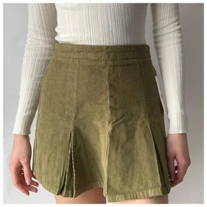 BDG Pleated Corduroy Mini Skirt in Green Khaki
